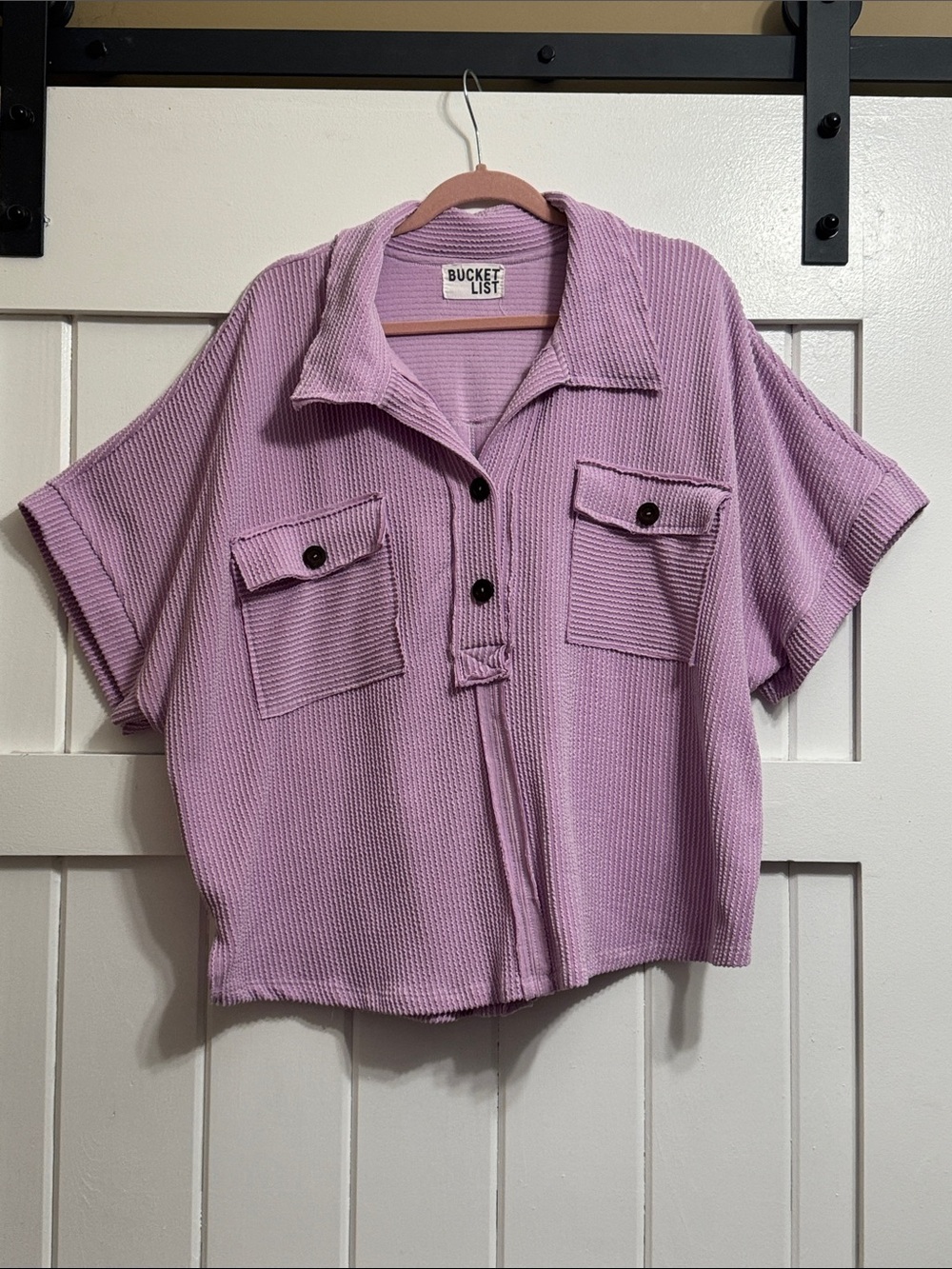BUCKETLIST Lilac Ribbed Button-Front Short Sleeve Shirt